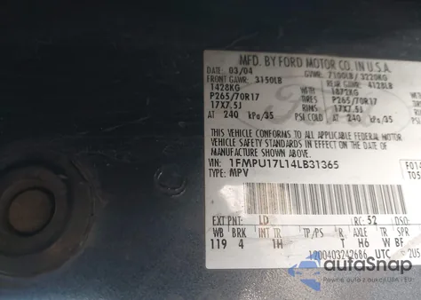 2004 Ford Expedition Eddie Bauer z USA, uszkodzony, nr VIN 1FMPU17L14LB31365